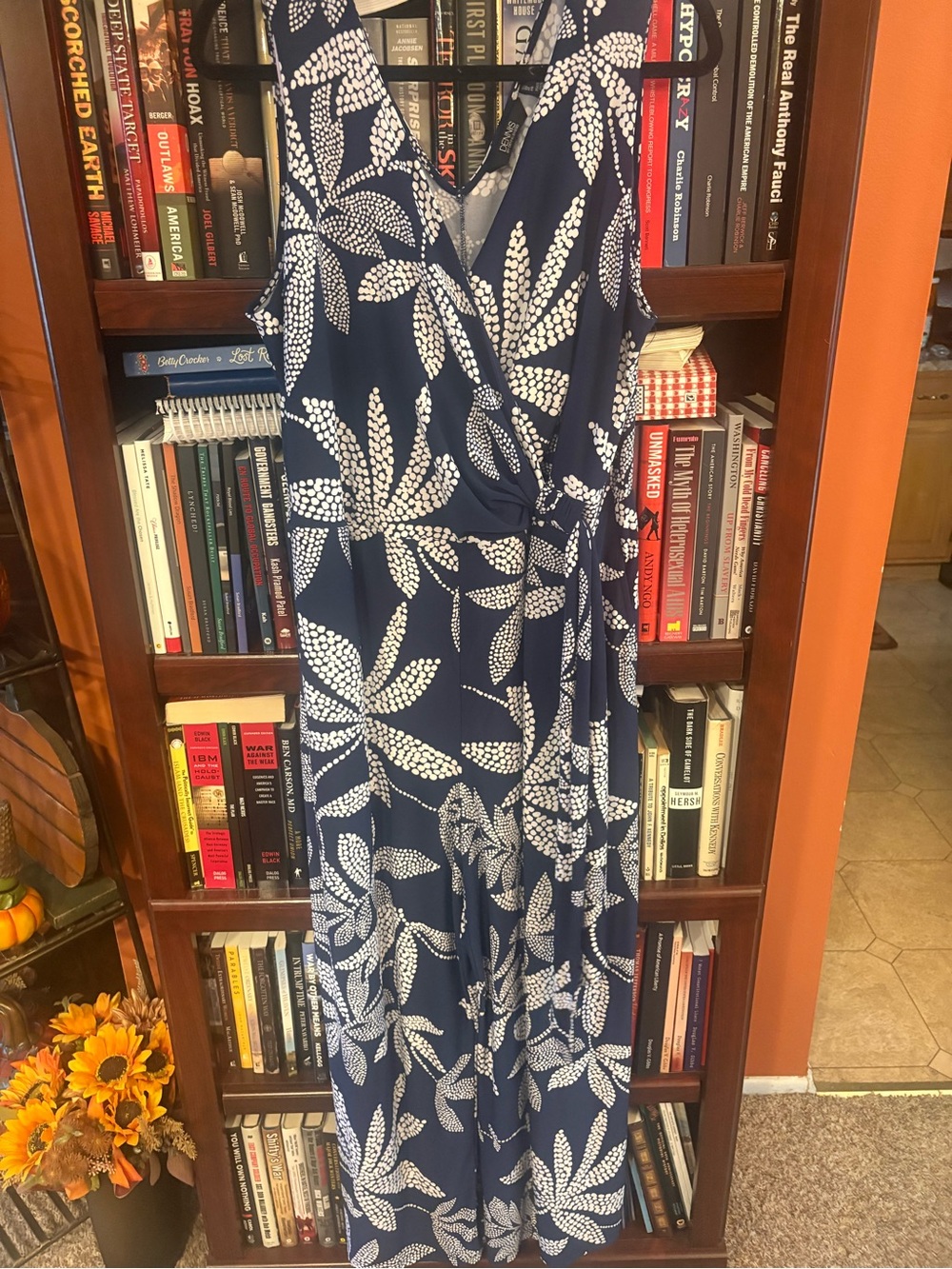 dennis basso Navy jumpsuit with White Leaf Print